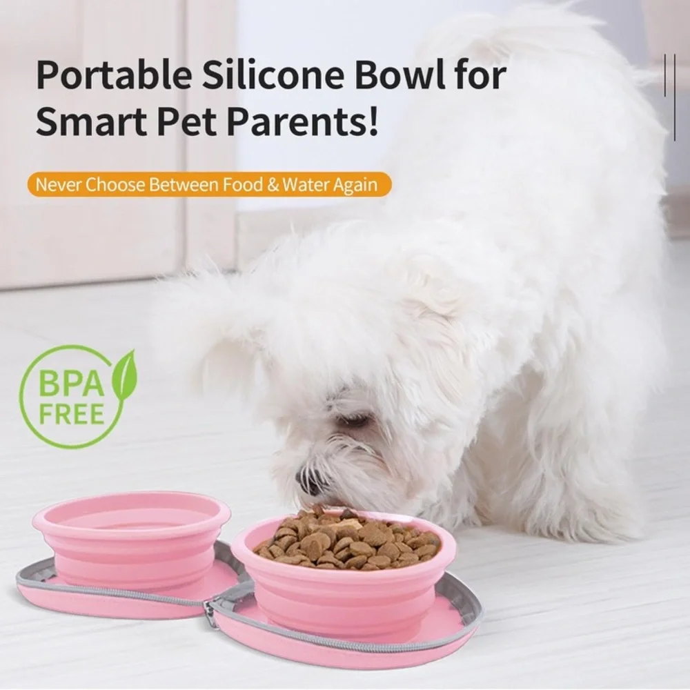 Portable Pink Dog Travel Collapsible Bowl Set
